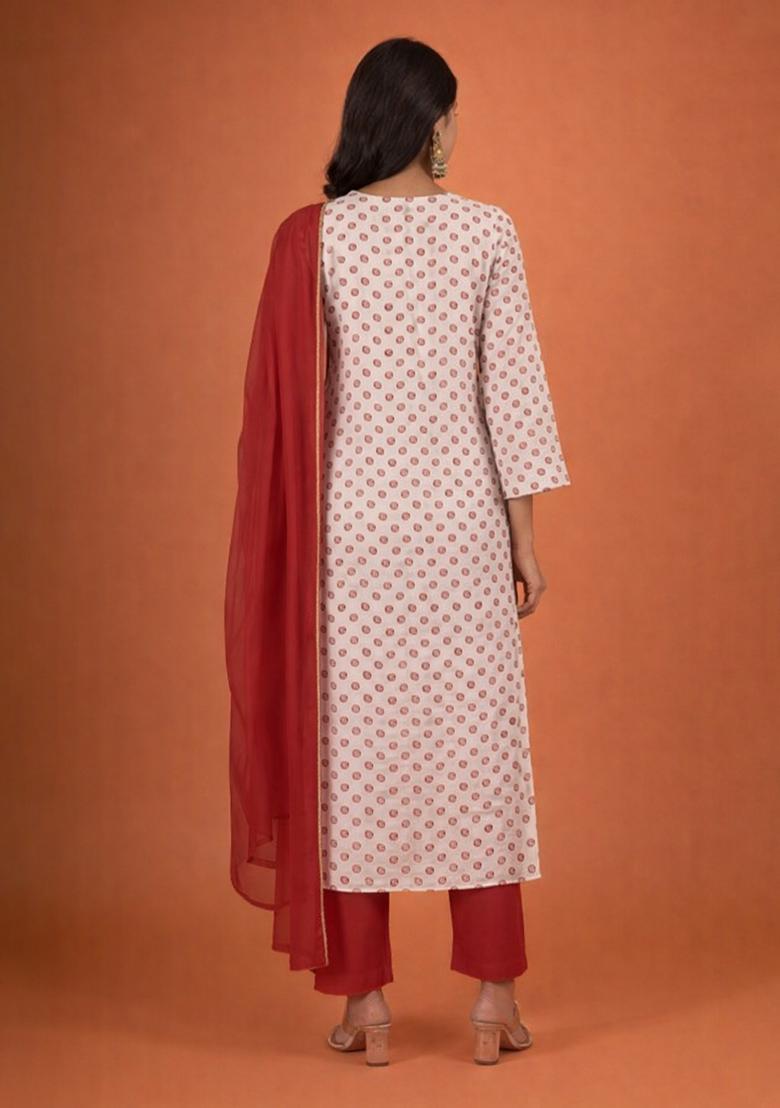 Maroon Printed Georgette Straight Kurta Set - Indya