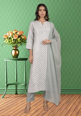Grey Printed Georgette Straight Kurta Set