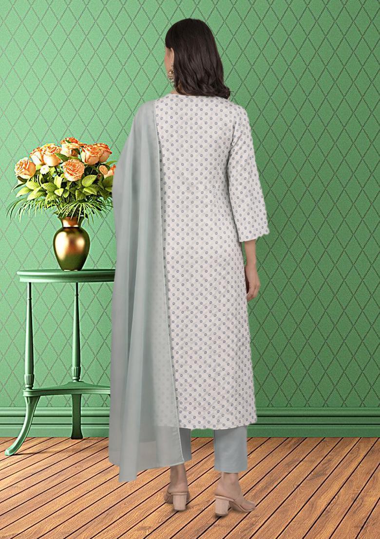 Grey Printed Georgette Straight Kurta Set - Indya