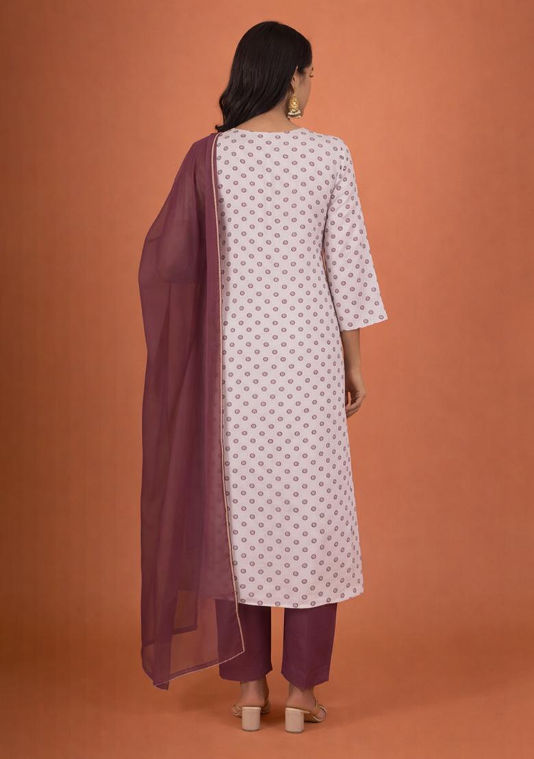 Wine Printed Georgette Straight Kurta Set - Indya