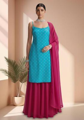Teal Blue Embroidered Organza Sharara Set