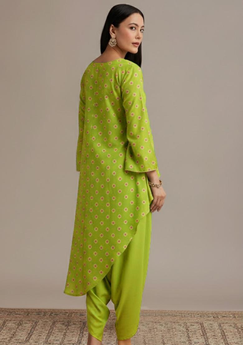 Lime Green Bandhani Chinon Co Ord Set - Indya