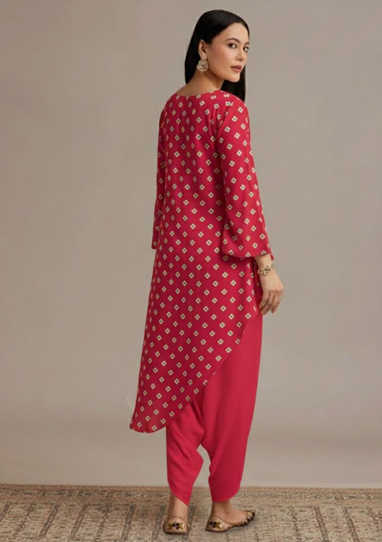 Red Printed Chinon Co Ord Set - Indya