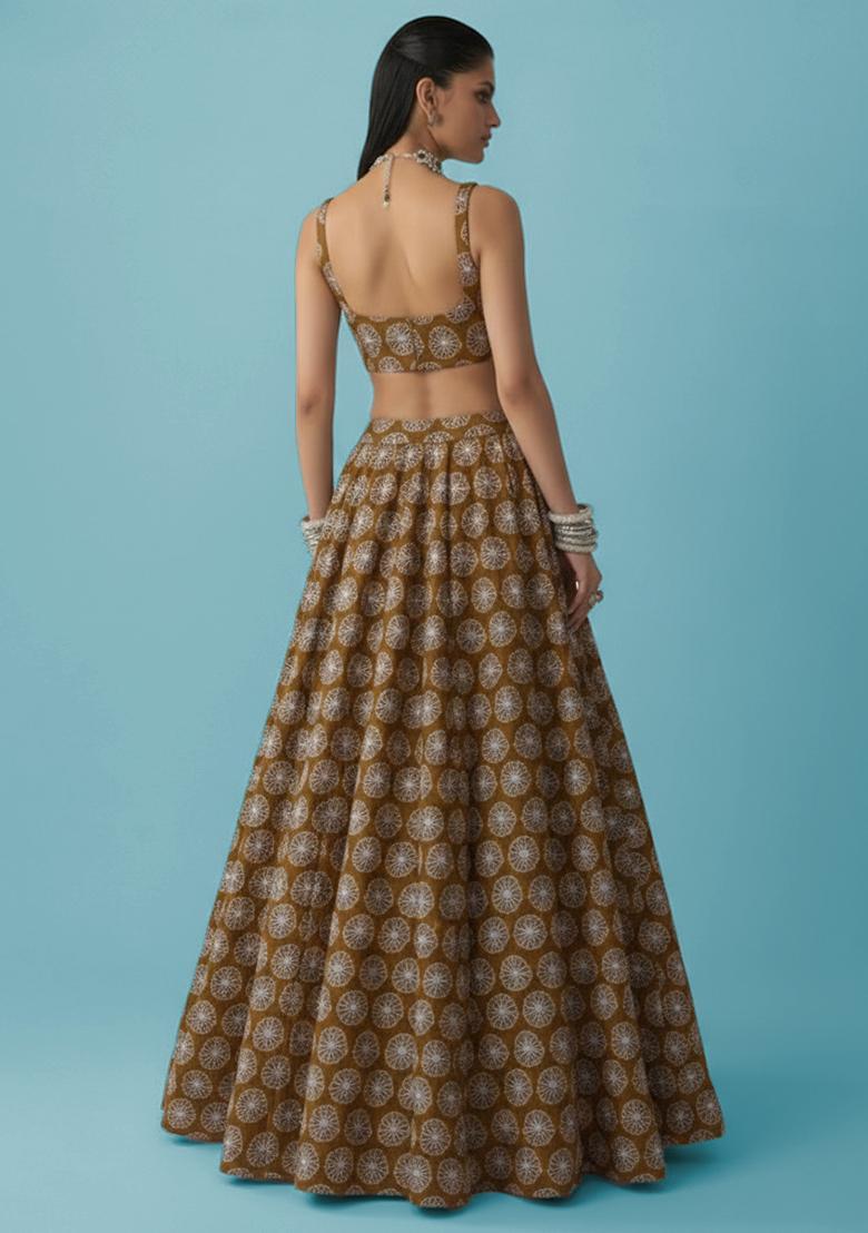 Brown Sequin Silk Blend Lehenga Set - Indya