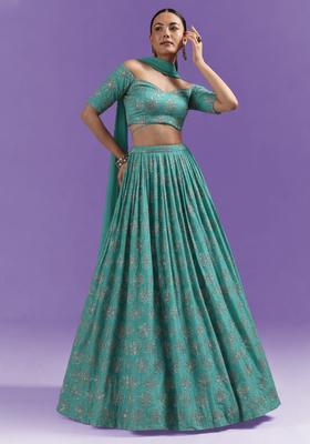 Blue Sequin Silk Blend Lehenga Set