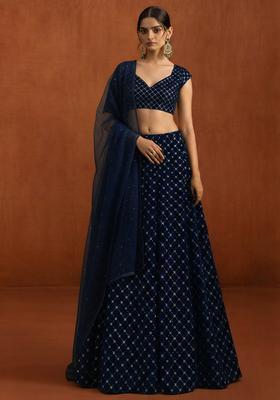 Navy Blue Embroidered Velvet Lehenga Set