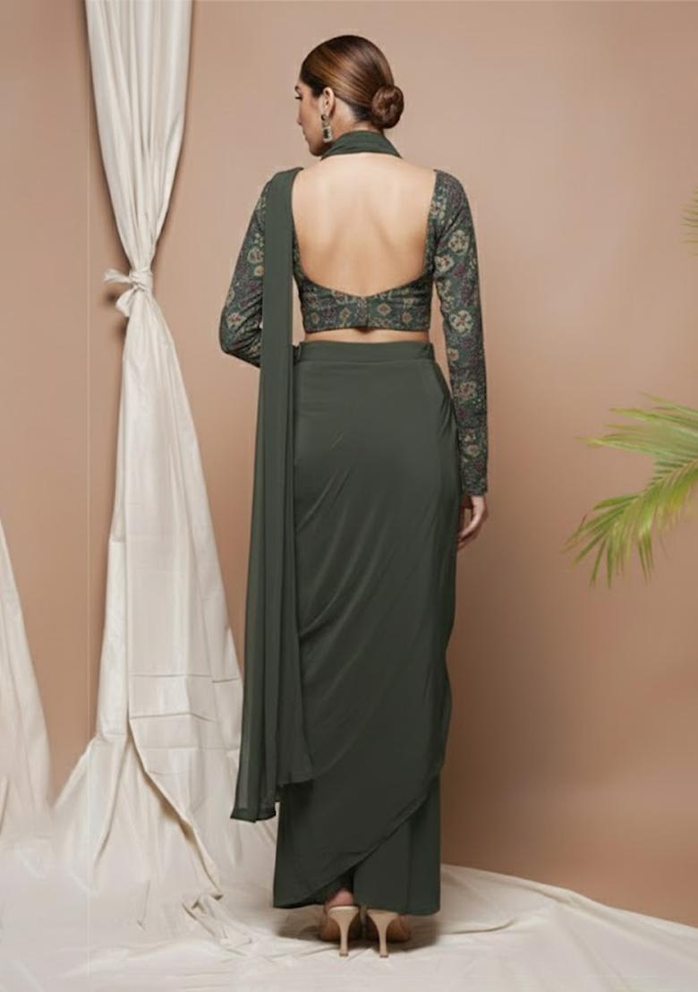 Black Embroidered Silk Blend Fusion Set - Indya