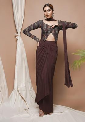 Brown Embroidered Silk Blend Fusion Set