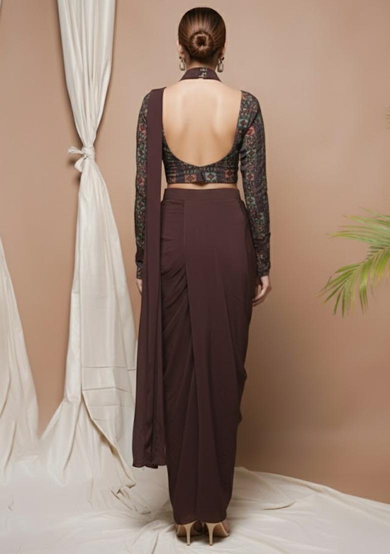 Brown Embroidered Silk Blend Fusion Set - Indya