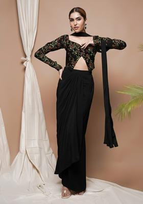 Black Embroidered Silk Blend Fusion Set
