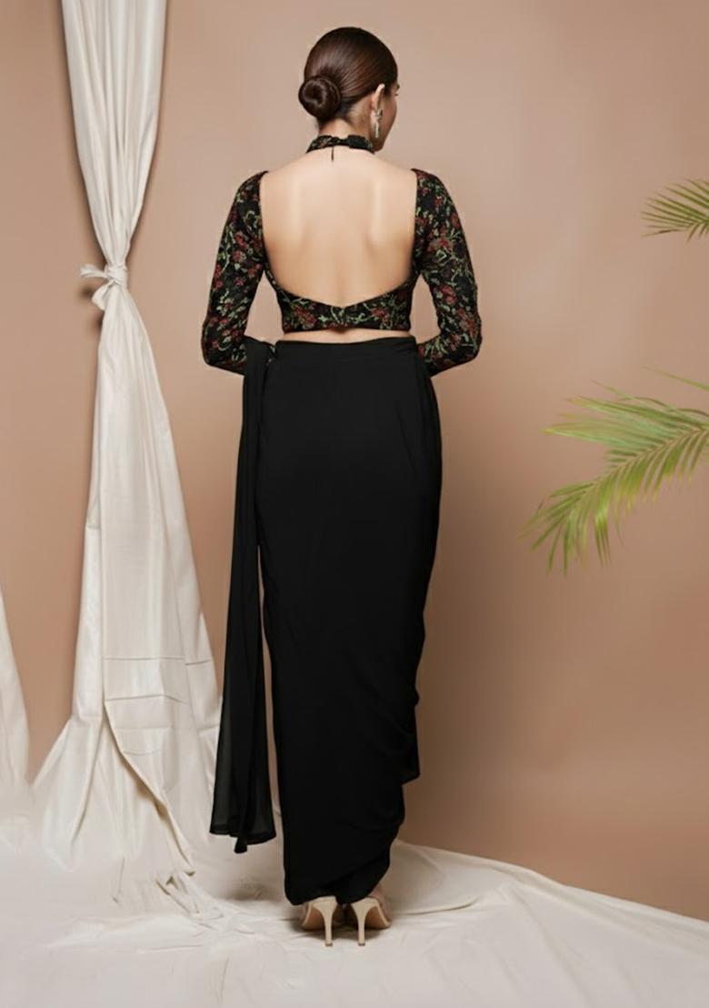 Black Embroidered Silk Blend Fusion Set - Indya