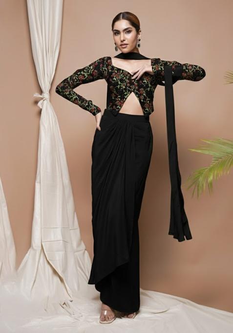 Black Embroidered Silk Blend Fusion Set