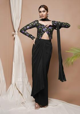 Black Embroidered Silk Blend Fusion Set