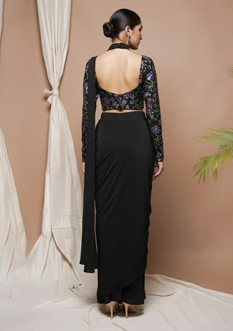 Black Embroidered Silk Blend Fusion Set - Indya