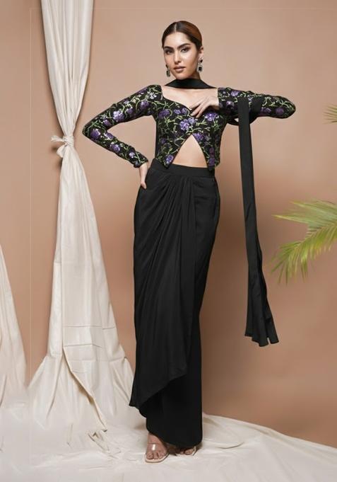 Black Embroidered Silk Blend Fusion Set