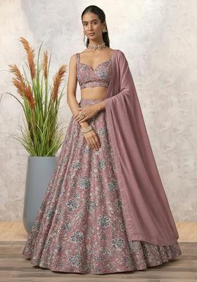 Pink Floral Print Crepe Lehenga Set