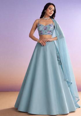 Blue Floral Print Organza Lehenga Set
