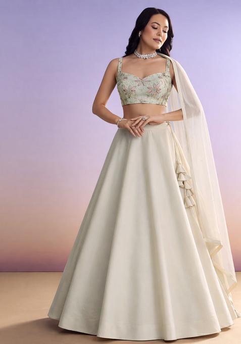 Ivory Floral Print Organza Lehenga Set