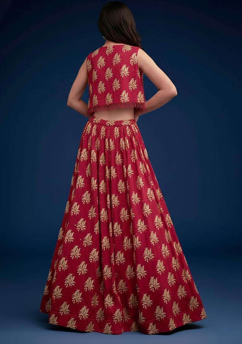 Red Brocade Lehenga Set - Indya