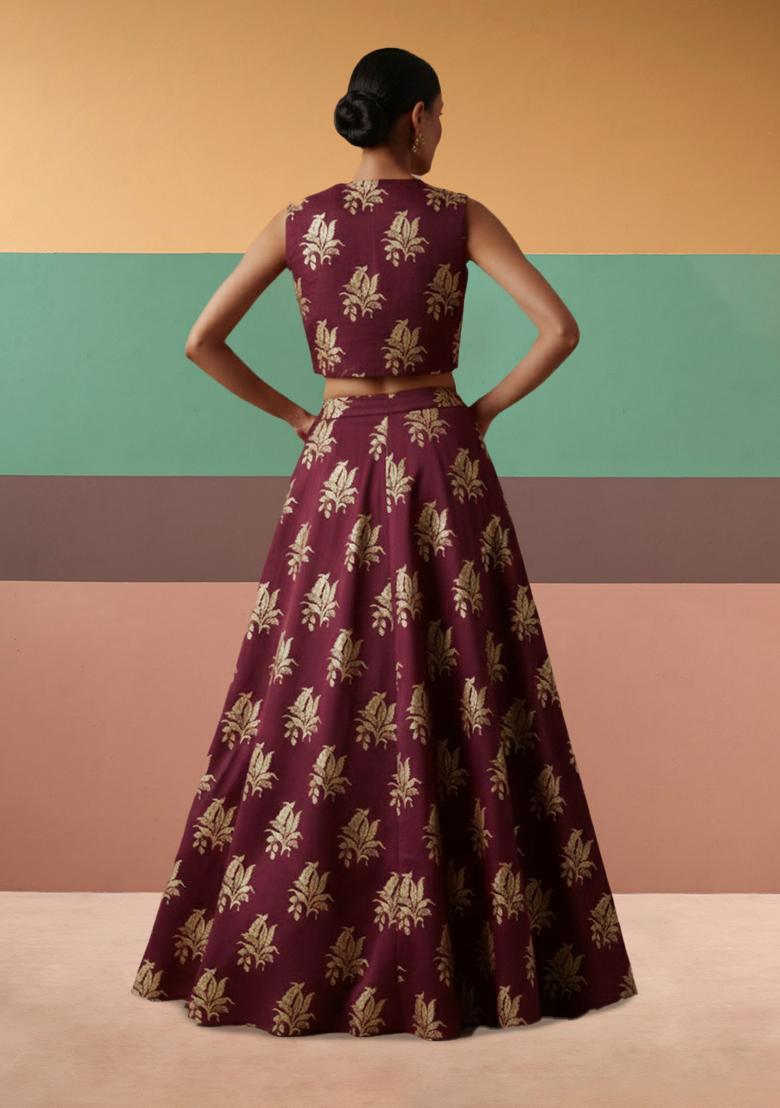 Wine Brocade Lehenga Set - Indya