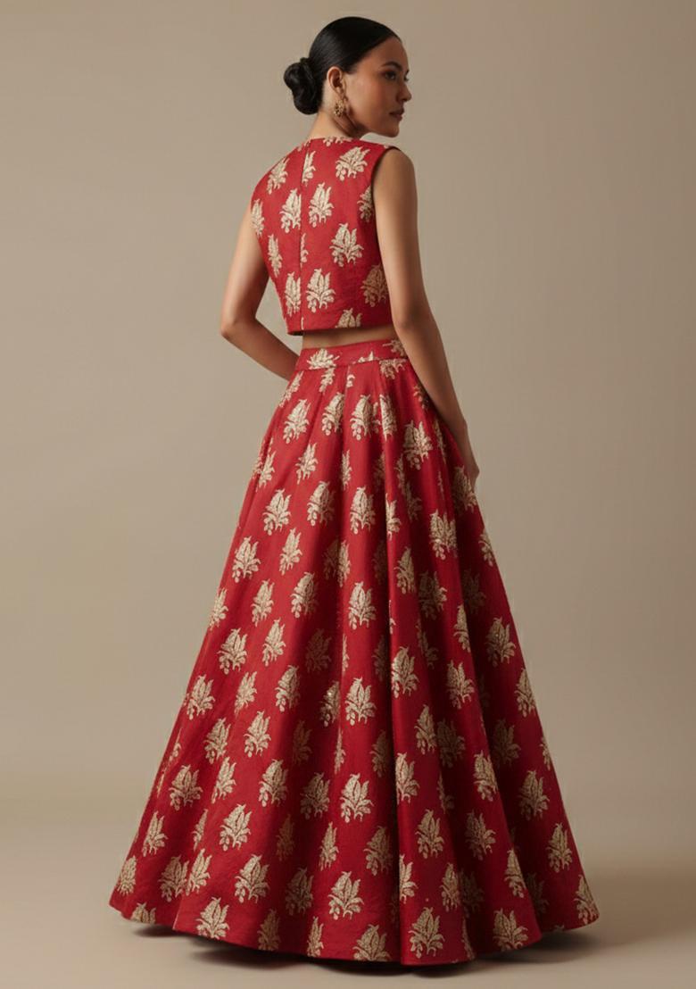 Red Brocade Lehenga Set - Indya