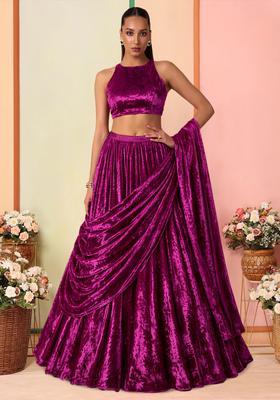 Rani Pink Solid Velvet Lehenga Set