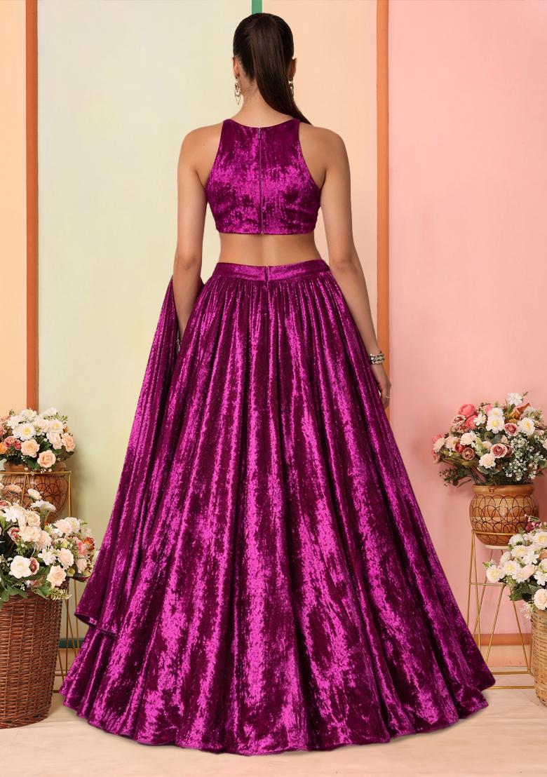 Rani Pink Solid Velvet Lehenga Set - Indya