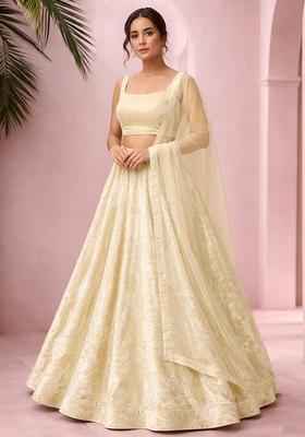 Cream Solid Velvet Lehenga Set