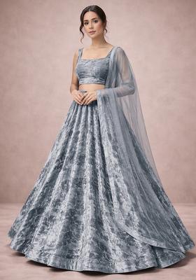 Grey Solid Velvet Lehenga Set