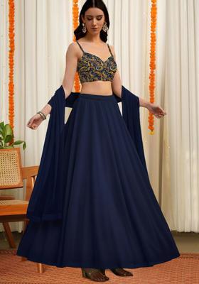 Navy Blue Abstract Print Crepe Lehenga Set