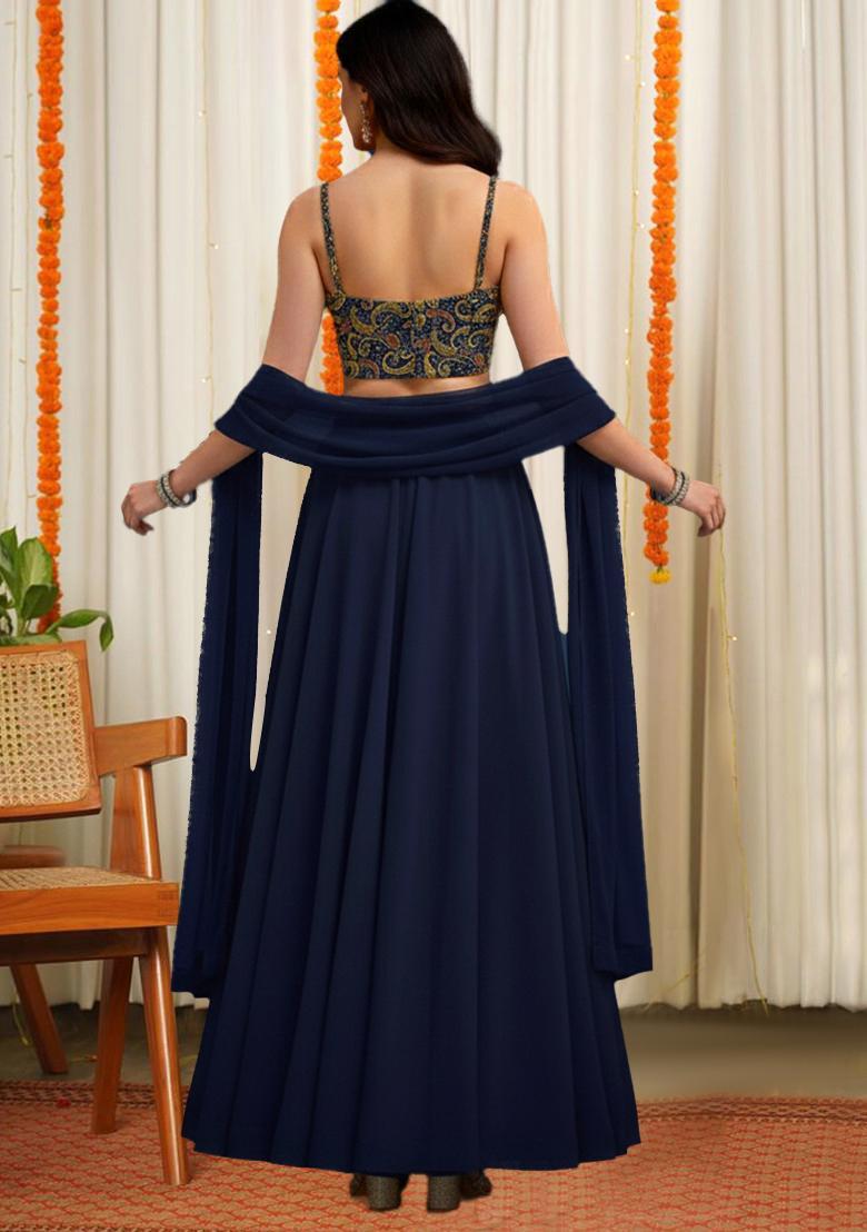Navy Blue Abstract Print Crepe Lehenga Set - Indya
