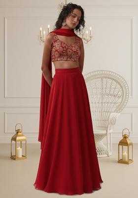 Red Embroidered Tissue Lehenga Set