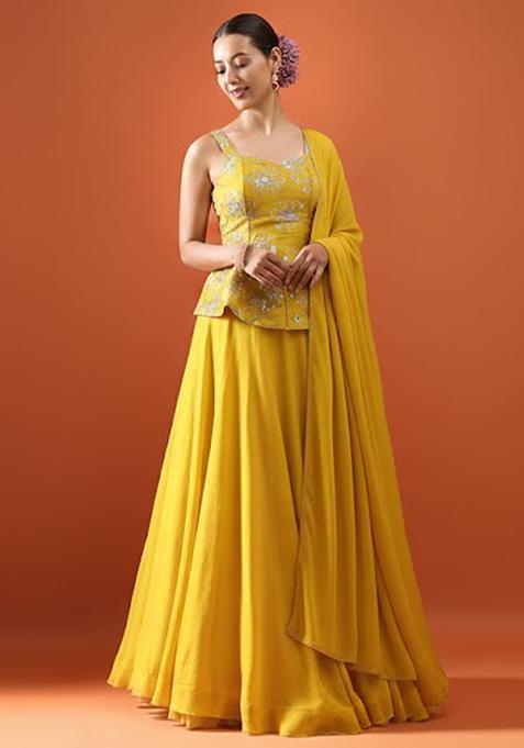 Mustard Yellow Sequin Silk Blend Lehenga Set