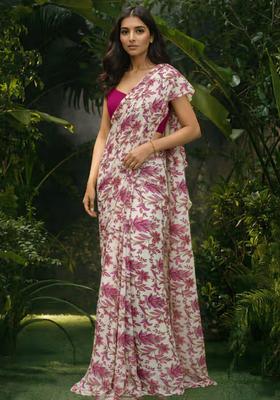 Rani Pink Floral Print Crepe Pre Draped Saree Set
