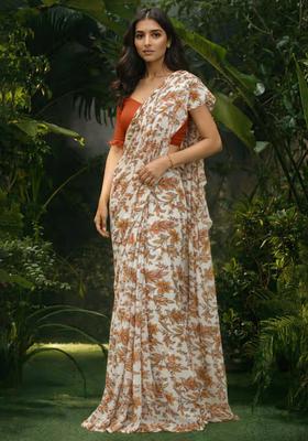 Mustard Floral Print Crepe Pre Draped Saree Set