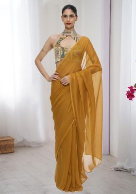 Yellow Figure Print Silk Blend Pre Draped Saree Set