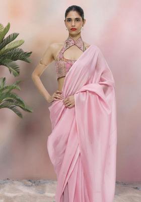Pink Figure Print Silk Blend Pre Draped Saree Set