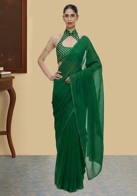 Bottle Green Silk Blend Pre Draped Saree Set