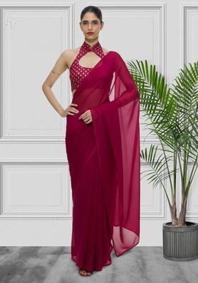 Rani Pink Silk Blend Pre Draped Saree Set