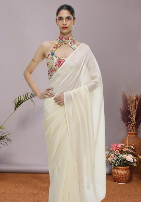 White Floral Print Crepe Pre Draped Saree Set