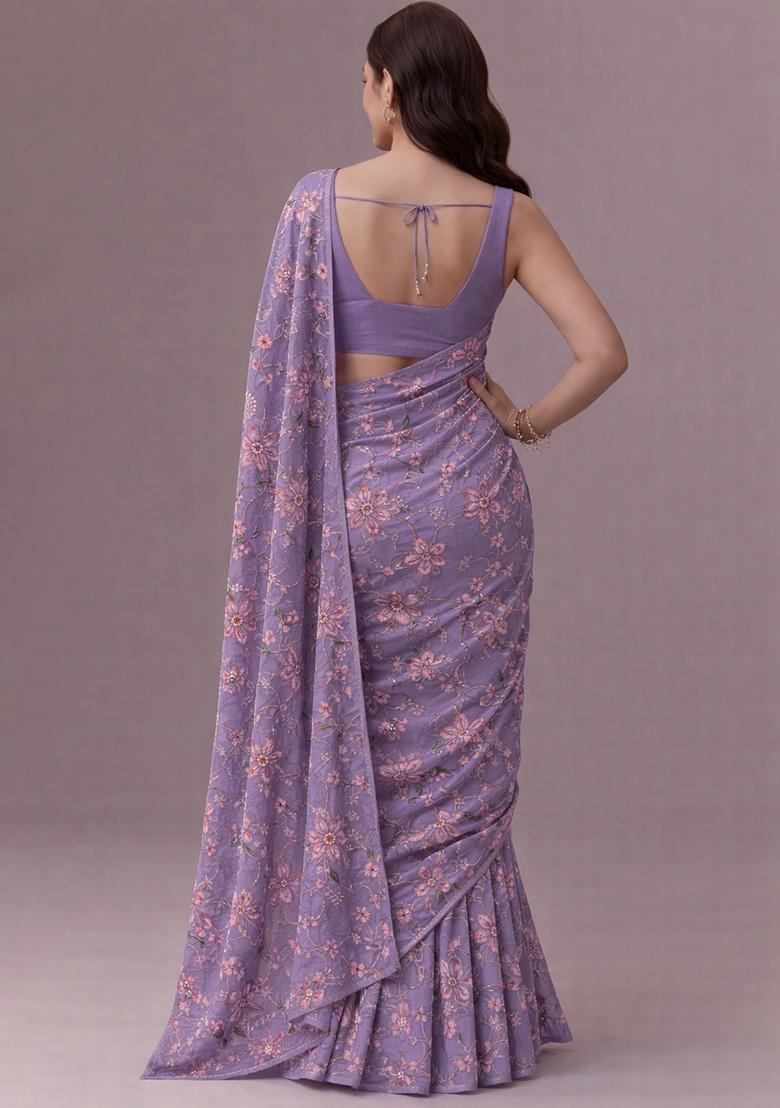 Lavender Floral Print Organza Pre Draped Saree Set - Indya