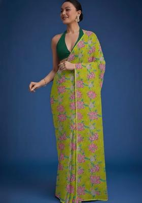 Olive Green Floral Print Organza Pre Draped Saree Set