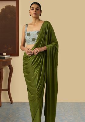 Olive Green Floral Print Tissue Pre Draped Saree Set