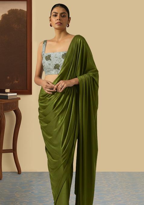 Olive Green Floral Print Tissue Pre Draped Saree Set