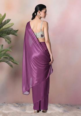 Purple Floral Print Tissue Pre Draped Saree Set