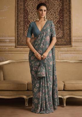 Pastle Blue Floral Print Crepe Pre Draped Saree Set