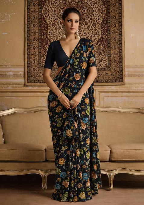 Black Floral Print Crepe Pre Draped Saree Set