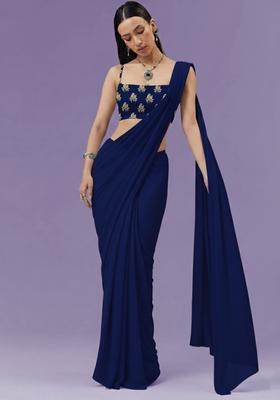 Navy Blue Brocade Pre Draped Saree Set