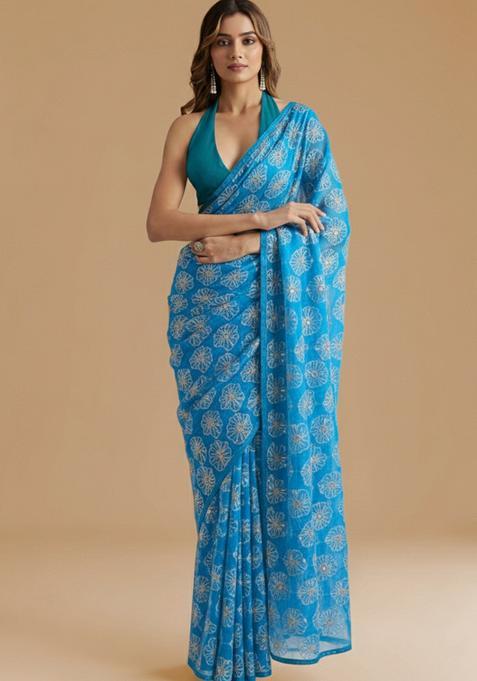 Teal Blue Sequin Silk Blend Pre Draped Saree Set