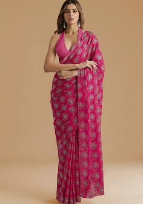 Rani Pink Sequin Silk Blend Pre Draped Saree Set